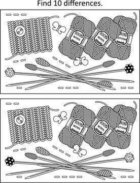 Difference game and coloring page activity with knitting items