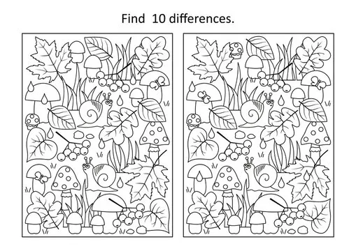 Autumn wonders. Difference game and coloring page activity with season items.