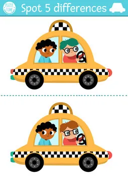 Find differences game for children. Transportation educational activity with cute taxi with passenger and driver. Cute puzzle for kids with funny transport. Printable worksheet or page with cab.