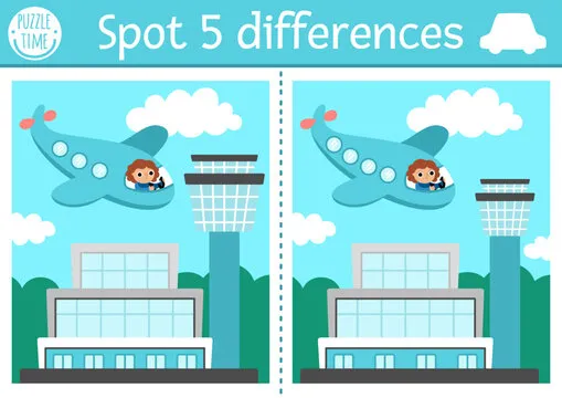 Find differences game for children. Transportation educational activity with plane with girl pilot flying in the sky to the airport. Cute puzzle for kids with funny transport. Printable worksheet.