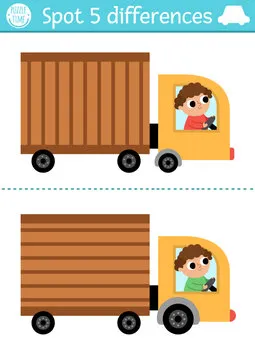 Find differences game for children. Transportation educational activity with cute truck with driver. Cute puzzle for kids with transport. Printable worksheet or page for logic and attention skills.