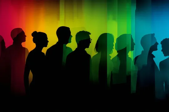 Group of divergent people over rainbow background. Community of diverse and multi-ethnic people. Acceptance and tolerance for individual differences.