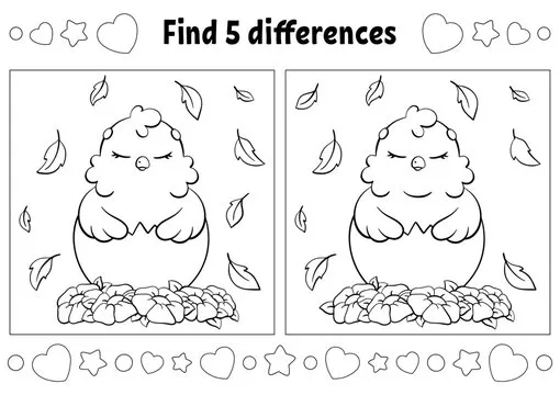 Find five differences. Easter theme. Coloring page for kids. Activity worksheet for children. Vector illustration isolated on white background.