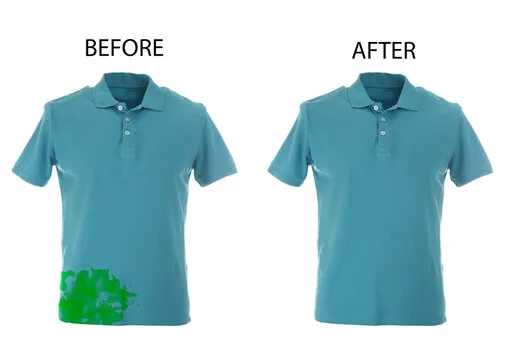 Collage with dirty and clean polo shirt isolated on white. Before and after washing