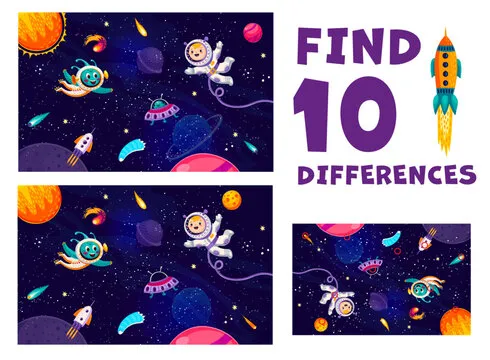 Find ten differences at space galaxy landscape. Astronaut and cartoon alien characters. Difference search riddle or game vector worksheet with boy and alien astronaut, UFO saucer flying in outer space