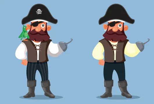 Spot the Difference Game Activity with Cartoon pirate Design. Printable worksheet design with subtle differences to be noticed
