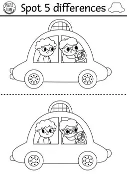 Find differences game for children. Transportation line educational black and white activity with taxi cab, passenger, driver. Cute puzzle for kids with transport. Printable worksheet, coloring page .