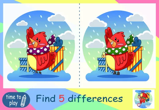 children's educational game. logic game. coloring book. find the difference. New Year. Christmas. red bird with a gift