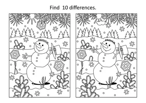 Difference game or picture puzzle and coloring page with happy cheerful snowman walking outdoor