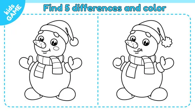 Kids game Find 5 differences with cartoon snowman in scarf and red santa claus hat. Compare and spot different details. Coloring page. Educational game for children. Black and white outline vector.
