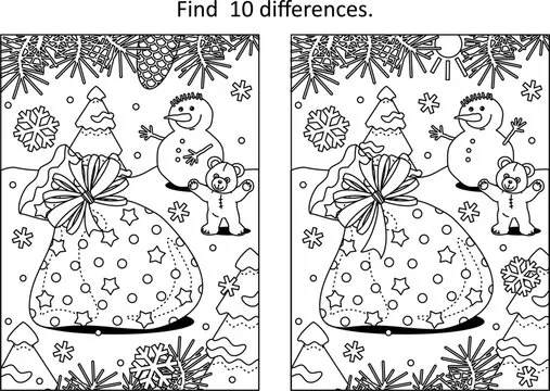 Difference game or picture puzzle and coloring page with Santa's sack, teddy bear, snowman in outdoor winter scene