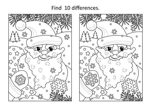 Difference game with Santa delivering presents in his sack full of toys and gifts