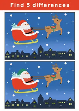 Find differences game for children. Educational activity with cute christmas illustration. Spot the differences for kids.