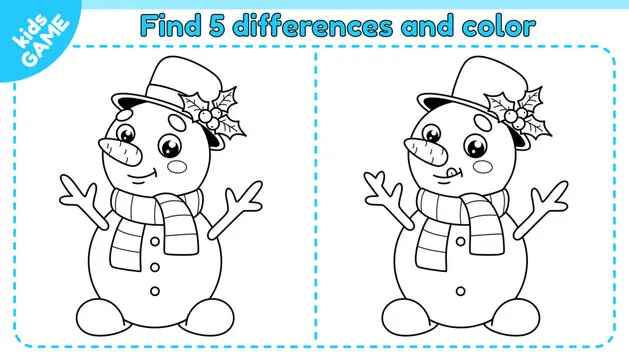Kids game Find 5 differences with cartoon snowman in scarf and hat with mistletoe. Compare winter snow characters and spot differences. Educational puzzle for children. Black and white outline vector.