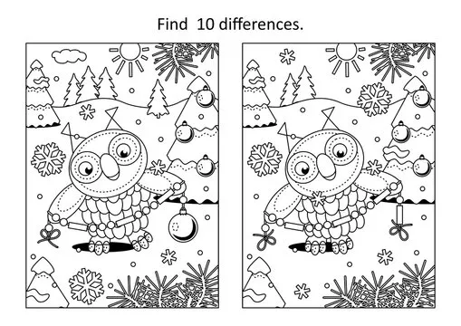Difference game or picture puzzle and coloring page with cheerful owl decorating christmas tree