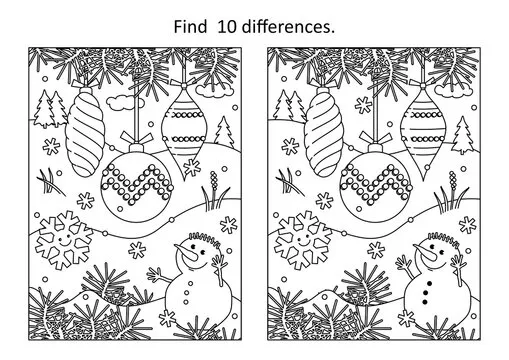 Difference game with three beautiful christmas ornaments and cute snowman