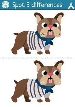 Find differences game for children. Educational activity with cute poodle. Puzzle for kids with funny French animal character, dog. Printable worksheet or page with France symbol.
