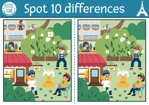 Find differences game for children. Educational activity with cute scene in Paris street. Puzzle for kids with funny French people, buildings. Printable worksheet or page with France symbol.