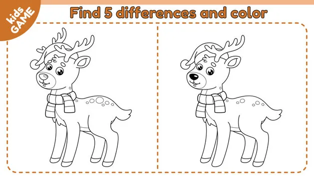 Kids game Find 5 differences with cartoon Christmas deer. Spot different details in Xmas reindeer. Outline coloring page. Educational game for children. New Year activity book. Contour vector design.