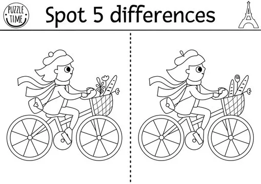 Find differences game for children. Educational black and white activity with cute girl riding bike with baguette. Puzzle for kids with French character. Printable worksheet, coloring page.
