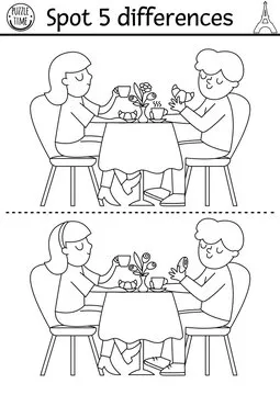 Find differences game for children. Educational black and white activity with cute pair drinking tea with croissants. Puzzle for kids with French characters. Printable worksheet or coloring page.