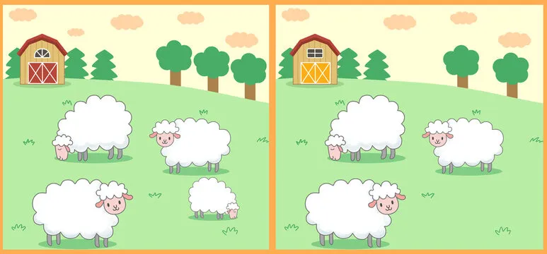 Find 5 differences in illustration. Educational activity with cute animals illustration. Spot difference. Educational fun game for children.