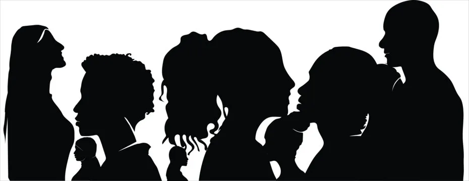 black shadow silhouette men and women different cultures and different countries. Diversity of many multi-ethnic people. Coexistence and multicultural community integration. Crowd of people