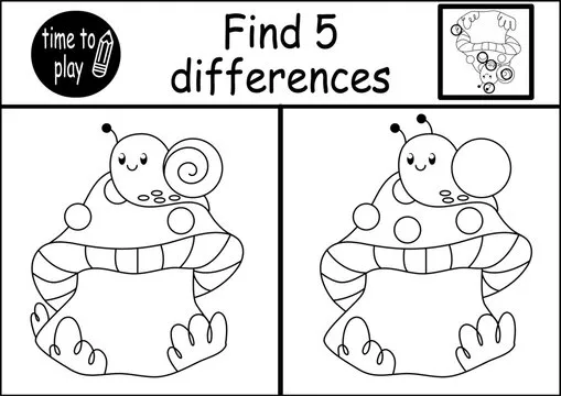 children's educational game. logic game. coloring book. find the difference. mushroom and snail