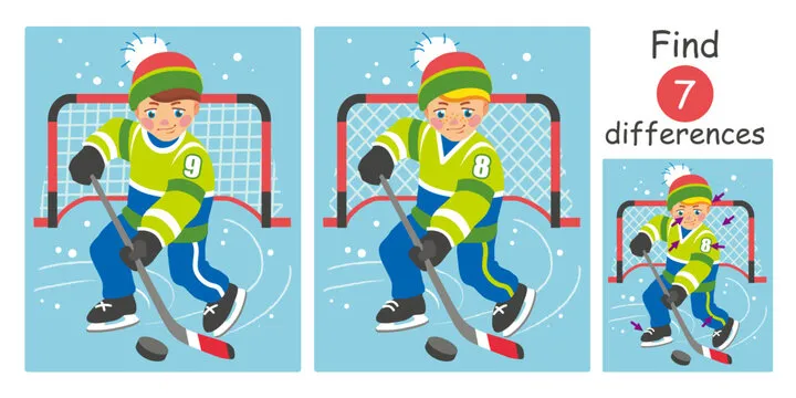 Cute young hockey player with stick plays hockey. Find differences, education game for children. Flat vector illustration with boy playing hockey at ice rink.