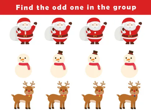 Find the odd one out for toddlers. Spot the difference for kids. Educational quiz worksheet with cute Christmas illustration. Logical activity for children.