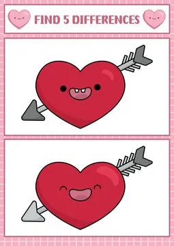 Saint Valentine kawaii find differences game for children. Attention skills activity with cute heart pierced with arrow. Love holiday puzzle for kids. Printable what is different worksheet.