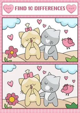 Saint Valentine kawaii find differences game for children. Attention skills activity with scene with cute cat couple. Love holiday puzzle for kids. Printable what is different worksheet.