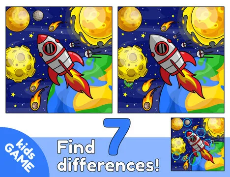 Educational space kids game. Puzzle Find 7 differences for children. Cartoon flying space rocket. Spaceship on the background planet Earth, Sun, Moon and stars. Activity book. Color vector design.