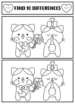 Saint Valentine kawaii black and white find differences game. Attention skills activity with cute cat couple. Love holiday puzzle, coloring page for kids. Printable what is different worksheet.