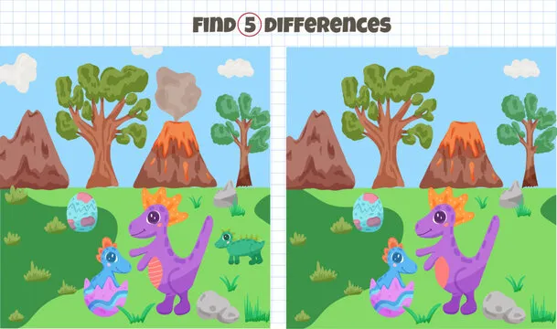 Find 5 difference game with dinosaurs. Vector illustration