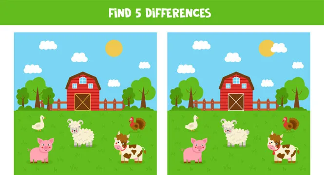 Find five differences between pictures. Farmland landscape with animals.