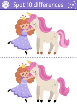 Unicorn find differences game for children. Fairytale educational activity with fairy girl hugging horse. Cute puzzle for kids with fantasy characters. Printable worksheet, page for attention skills.