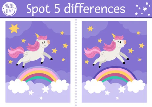 Unicorn find differences game for children. Fairytale educational activity with horse jumping through rainbow, magic night landscape background. Cute puzzle for kid with funny fantasy character.