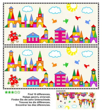 Difference game  with toy town scenes. Answer included.