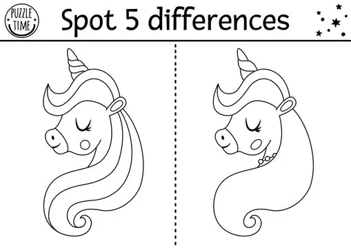 Black and white find differences game for children. Fairytale line educational activity with unicorn head. Cute puzzle for kids with funny fantasy character. Printable worksheet or coloring page.