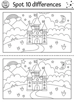 Unicorn black and white find differences game for children. Fairytale line activity with castle, rainbow, magic kingdom, night landscape. Cute coloring puzzle for kids with funny fantasy character.