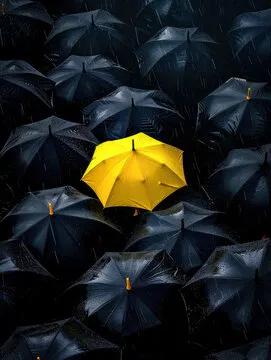 Gray gloomy dark day, rainy weather, everything is black and depressing, the only bright spot is a yellow umbrella, a color in the darkness.