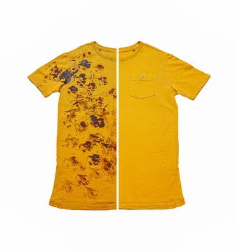 Stylish dirty yellow t-shirt before and after washing on white background, collage. Dry-cleaning service concept.