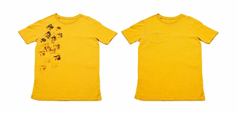 Stylish dirty yellow t-shirt before and after washing on white background, collage. Dry-cleaning service concept.