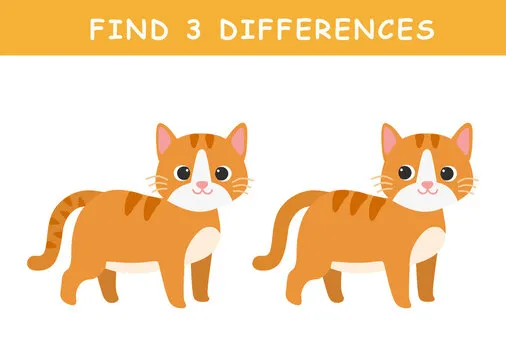 Find 3 differences in illustration. Educational activity with cute cat illustration. Spot difference. Educational fun game for children.