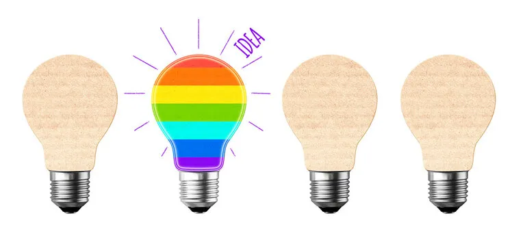 To be yourself, to be unique. Not like most. Three light bulb in paper cut style and one colorful light bulb. Individuality, stand out from crowd, creative idea, be a different, independence concept