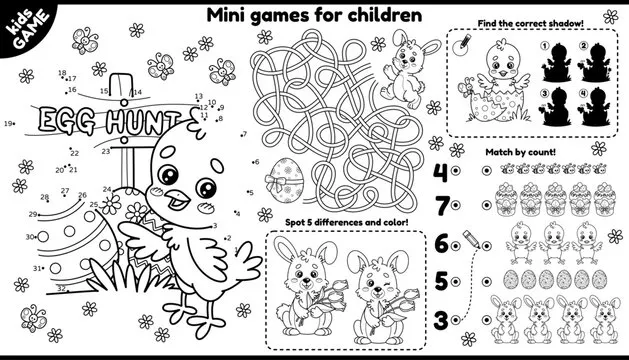 Vector Easter games placement for children. Kids outline set with cartoon chicks, rabbits, painted eggs. Activity mat with maze, connect the dots and color, find differences, coloring book and other.