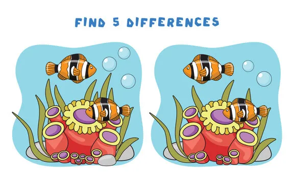 Mini games for children. preschoolers. Find 5 differences. Picture with fish and anemones.Logical tasks for preschoolers. Games 3-4 years.