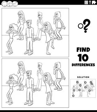 differences game with cartoon surprised young people coloring page