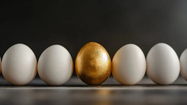 One special gold egg on group of normal white eggs. Unique and different person concept, standing out from the crowd, individuality and leadership, distinct team leader, best, alone
